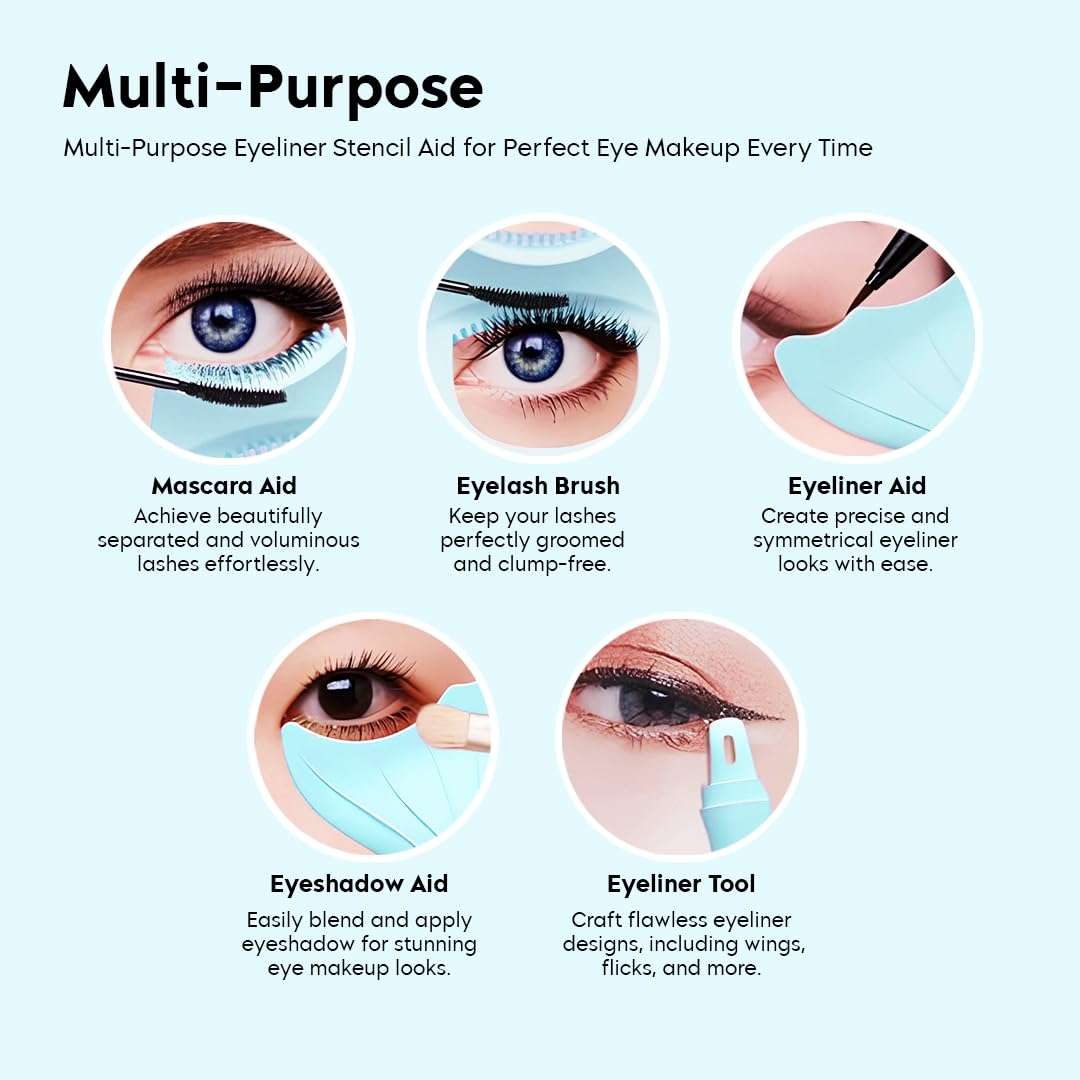 Gleva 4 in 1 Eyeliner Stencils For Eyes, Mascara Applicator Tool, Resusable Silicone Eyeshadow Eyebrow Stencils, Eyelash Makeup Aid Cosmetic Tool for Girls & Women's (Blue) 5