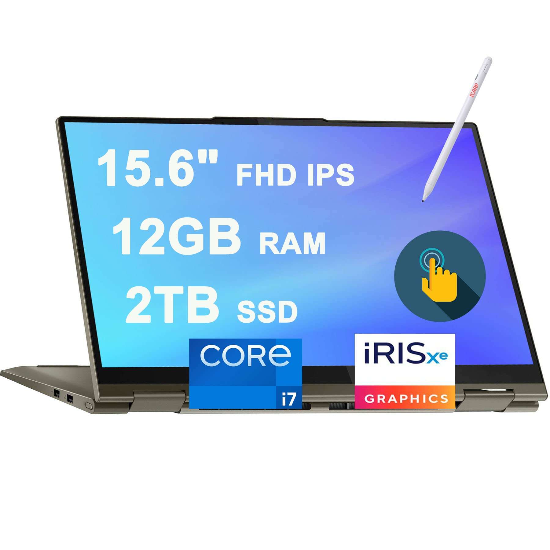 Lenovo Yoga 7i 15 2-in-1 Laptop 15.6" FHD IPS Touchscreen (300 nits, 100% sRGB) 11th Generation Intel Quad-Core i7-1165G7 12GB RAM 2TB SSD Backlit Fingerprint Thunderbolt Dolby Win11 Dark Moss + Pen 1