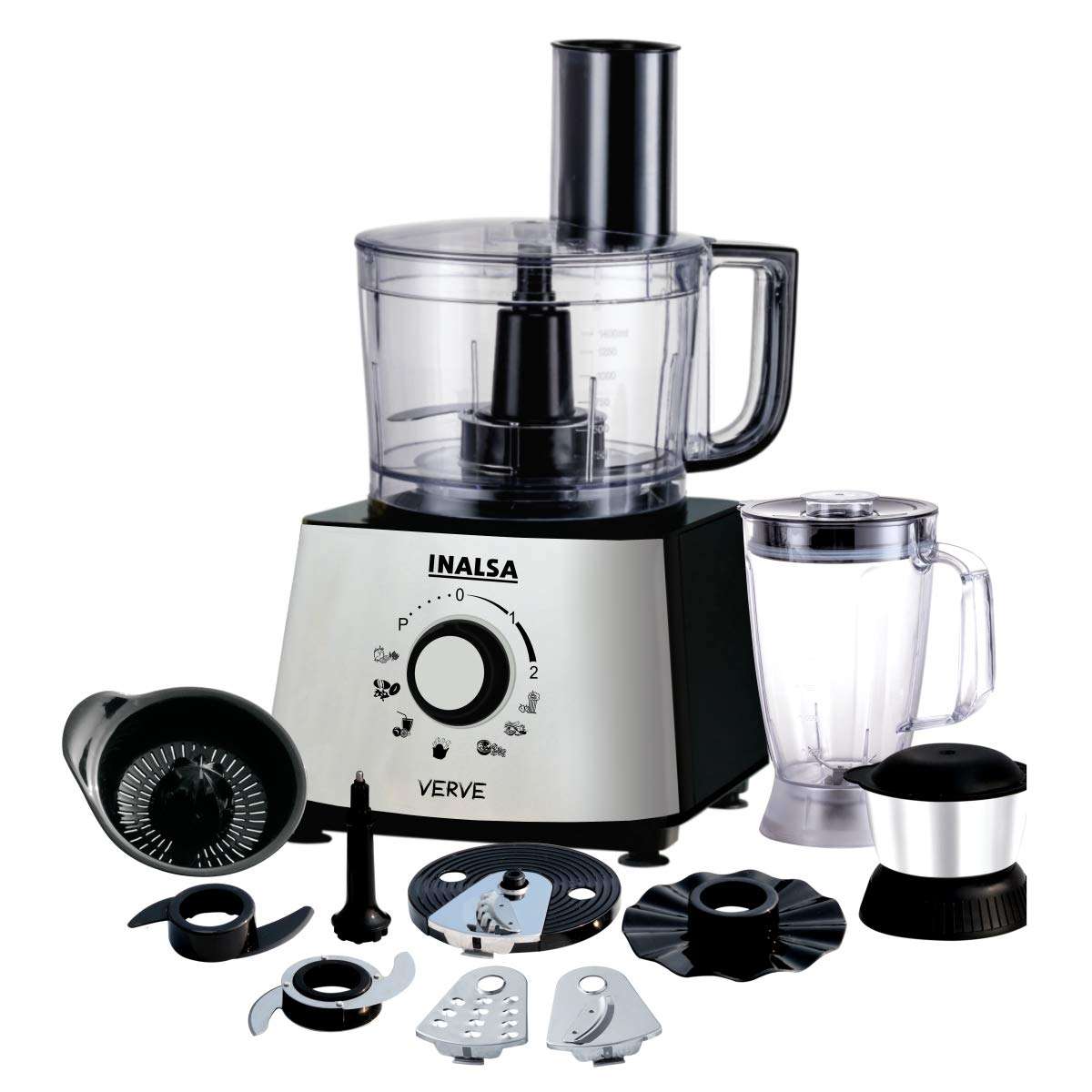 Inalsa Mixer Grinder/Food Processor 800 Watts - Verve |100% Pure Copper Motor| 2 Multipurpose Jars & 11 Accessories, (Black/Silver)