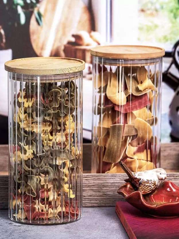 WRINGO Borosilicate Glass Food Storage Containers With Airtight Bamboo Lid, Thickened Coffee Storage Jars For Home Kitchen, Pantry Tea, Spices, Snack (R Linig-1400Ml, Set Of 6),Transparent 4