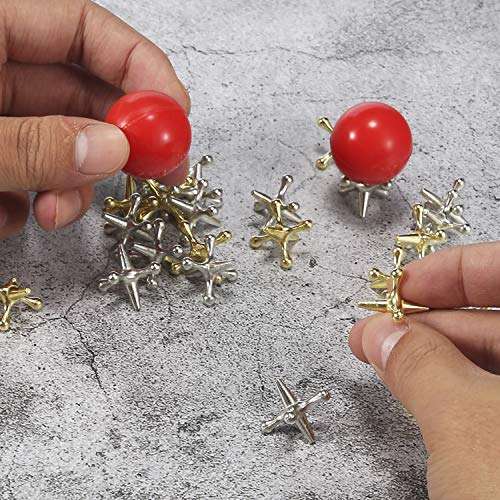 Legigo 3 Sets Retro Metal Jacks and Ball Game Toys Kit,Include 3 Pieces Red Rubber Balls and 30 Pieces Gold and Silver Metal Jacks for Kids and Adults,Classic Game of Jacks for Party Favor 4
