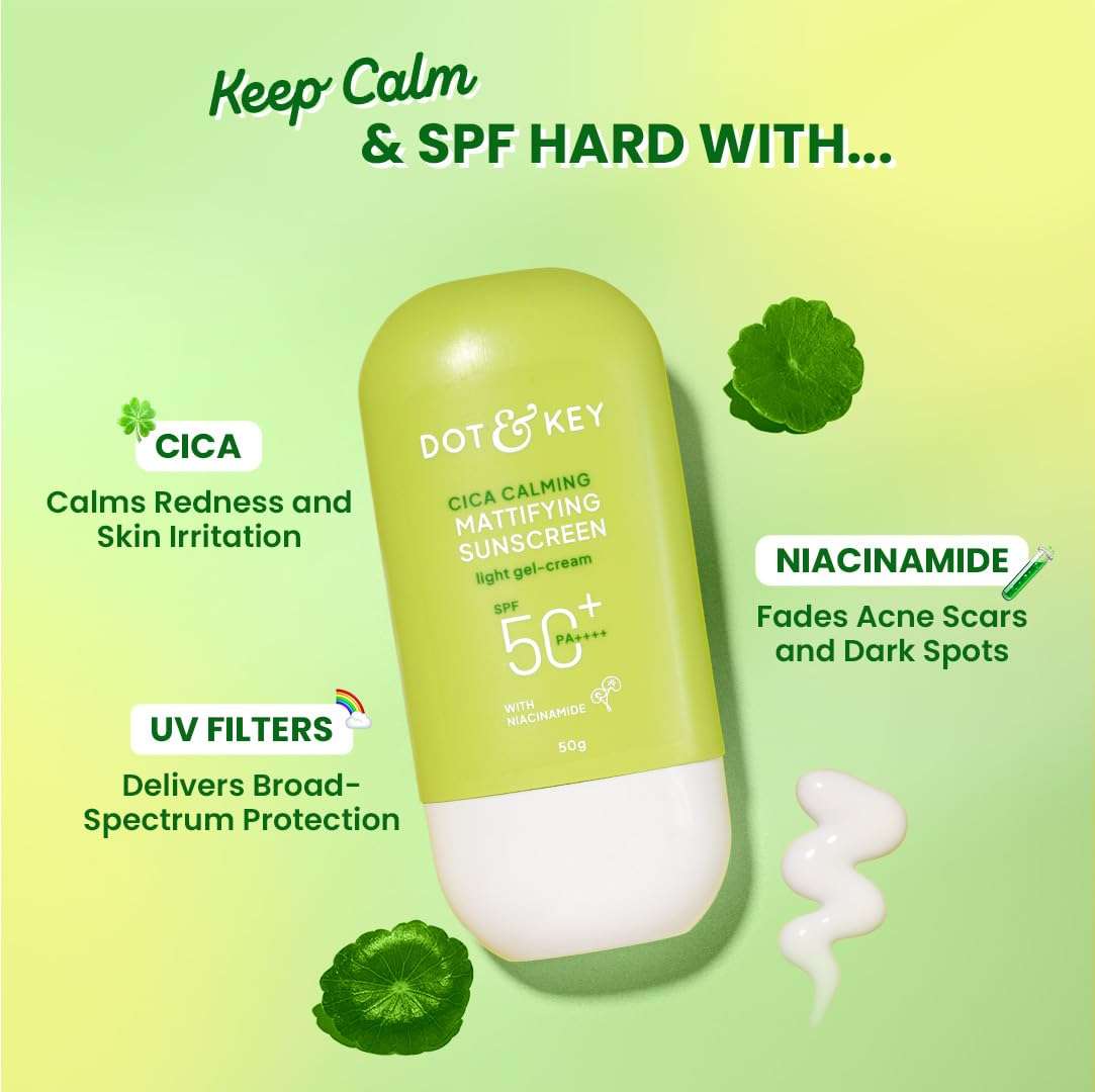 Dot & Key CICA Calming Mattifying Sunscreen SPF 50 PA++++ In-Vivo Tested | For Oily Acne Prone & Sensitive Skin | UVA/UVB Protection | No White Cast, Ultra Light, Fragrance Free & Quick Absorbing | 80g 6