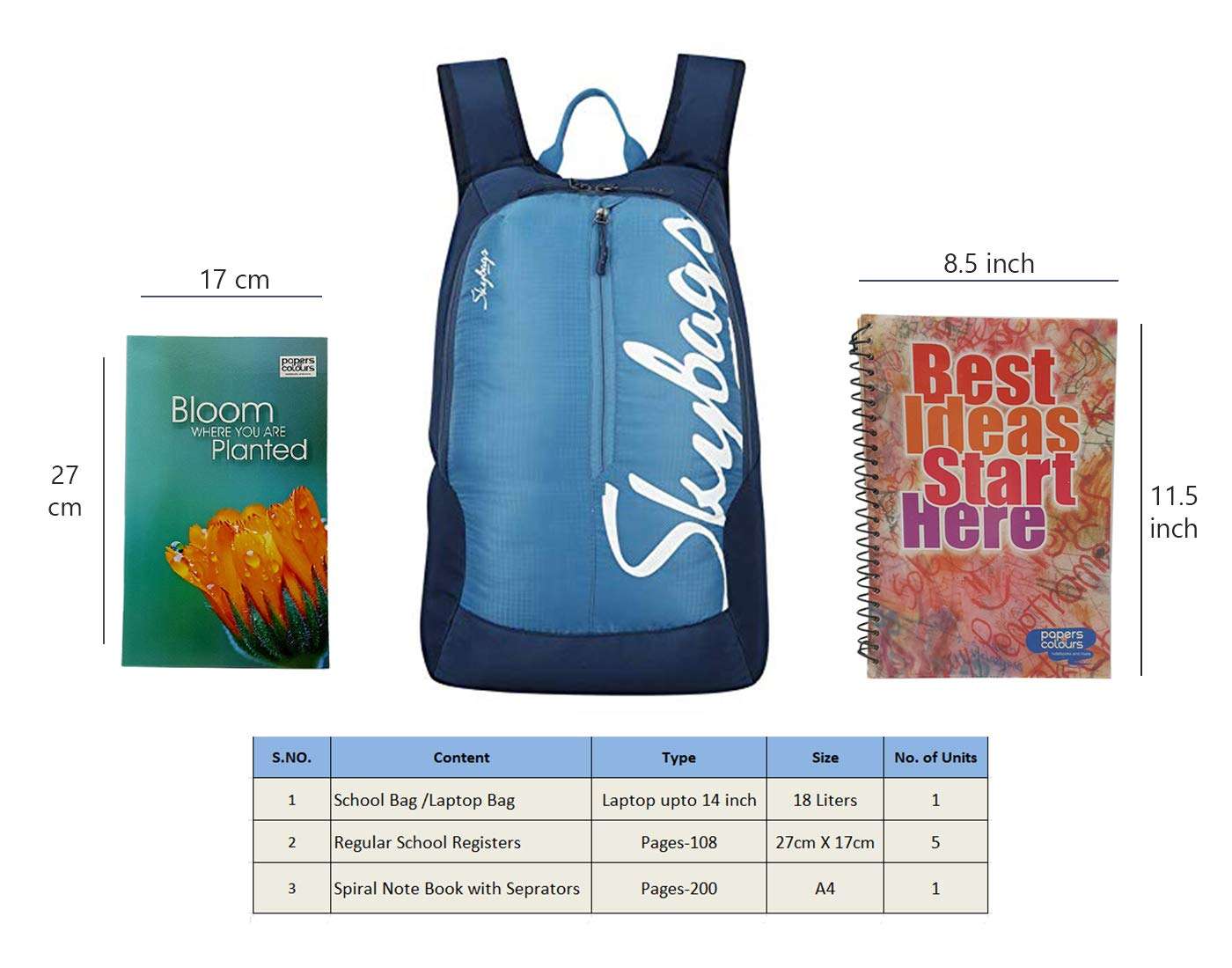 MaBelle BOHO 04 SKYBAG Trendy Design 18L School/College Bag Combo with 1 Single Line Spiral Binding 200 Pages Notebook & 5 Register (108 Pages) ,-01 Set/Premium Materials - Blue 2