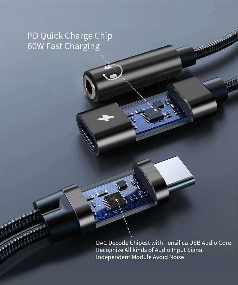 USB C to 3.5mm Headphone and Charger Adapter, 2 in 1 USB C to 3.5mm Headphone Jack Adapter Hi-Res DAC and Fast Charging Dongle Compatible with iPhone 16/15, Google Pixel 9 8 7 XL, Galaxy S25/S24/S23 4