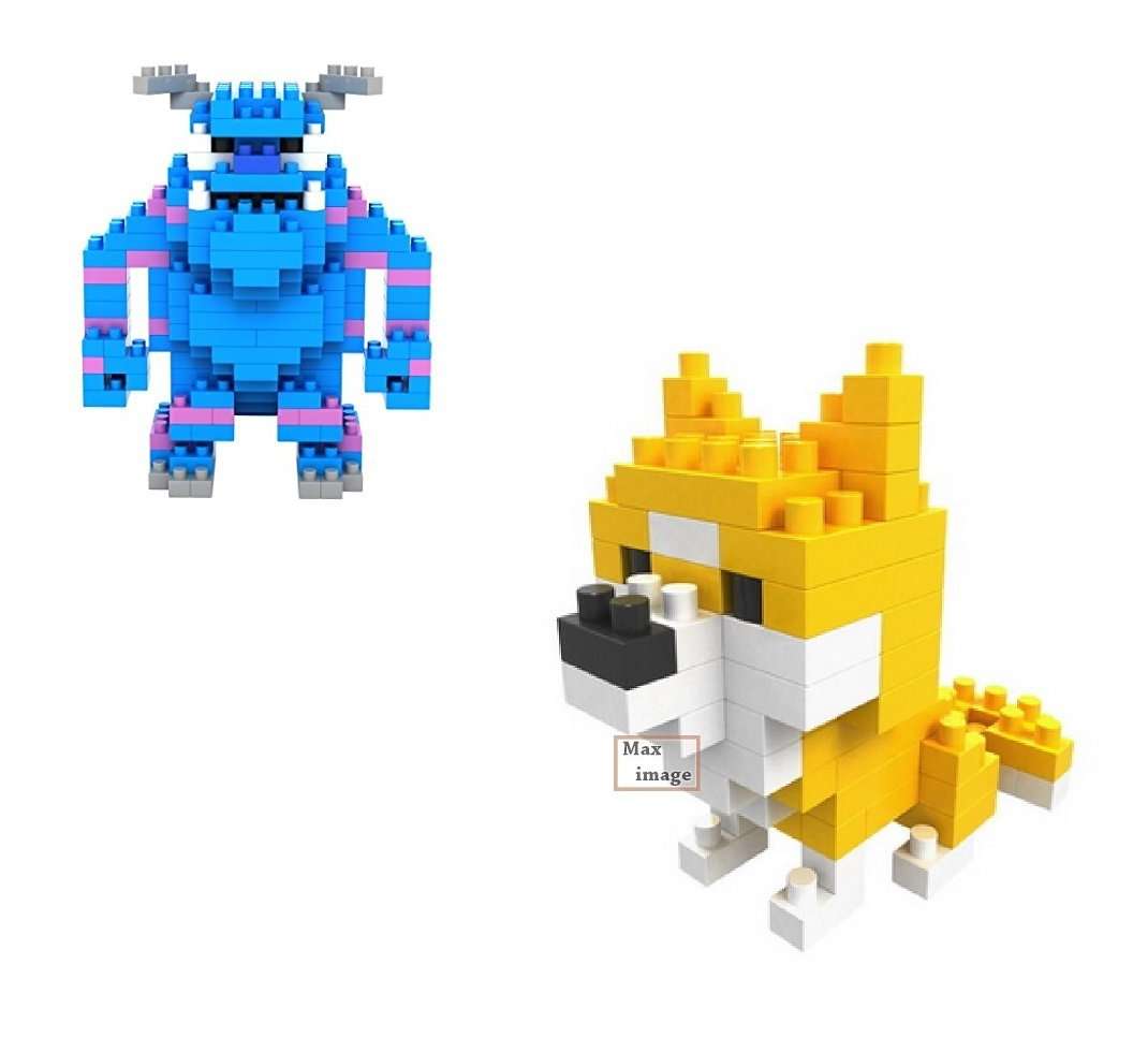 GeekGoodies Micro Building Construction Blocks Assembly Game Puzzle Kids Toy - Dog + Blue Monster Design - Set of 2 1