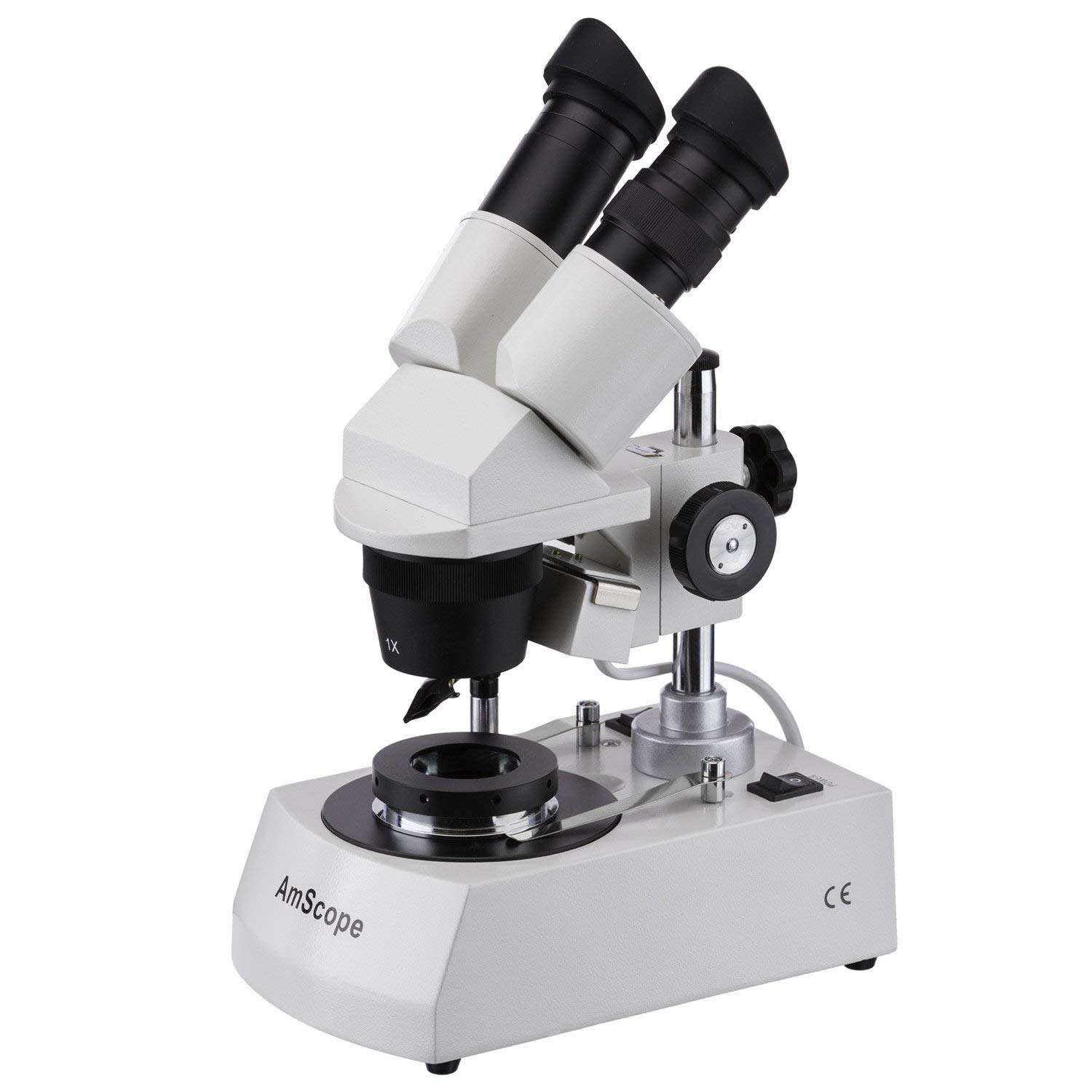 AmScope SE305-PZ-DK Binocular Stereo Microscope, WF10x and WF20x Eyepieces, 10X/20X/30X/60X Magnification, 1X and 3X Objectives, Upper and Lower Halogen Lighting, Reversible Black/White Stage Plate, Arm Stand, 120V, Includes Darkfield Condenser 3