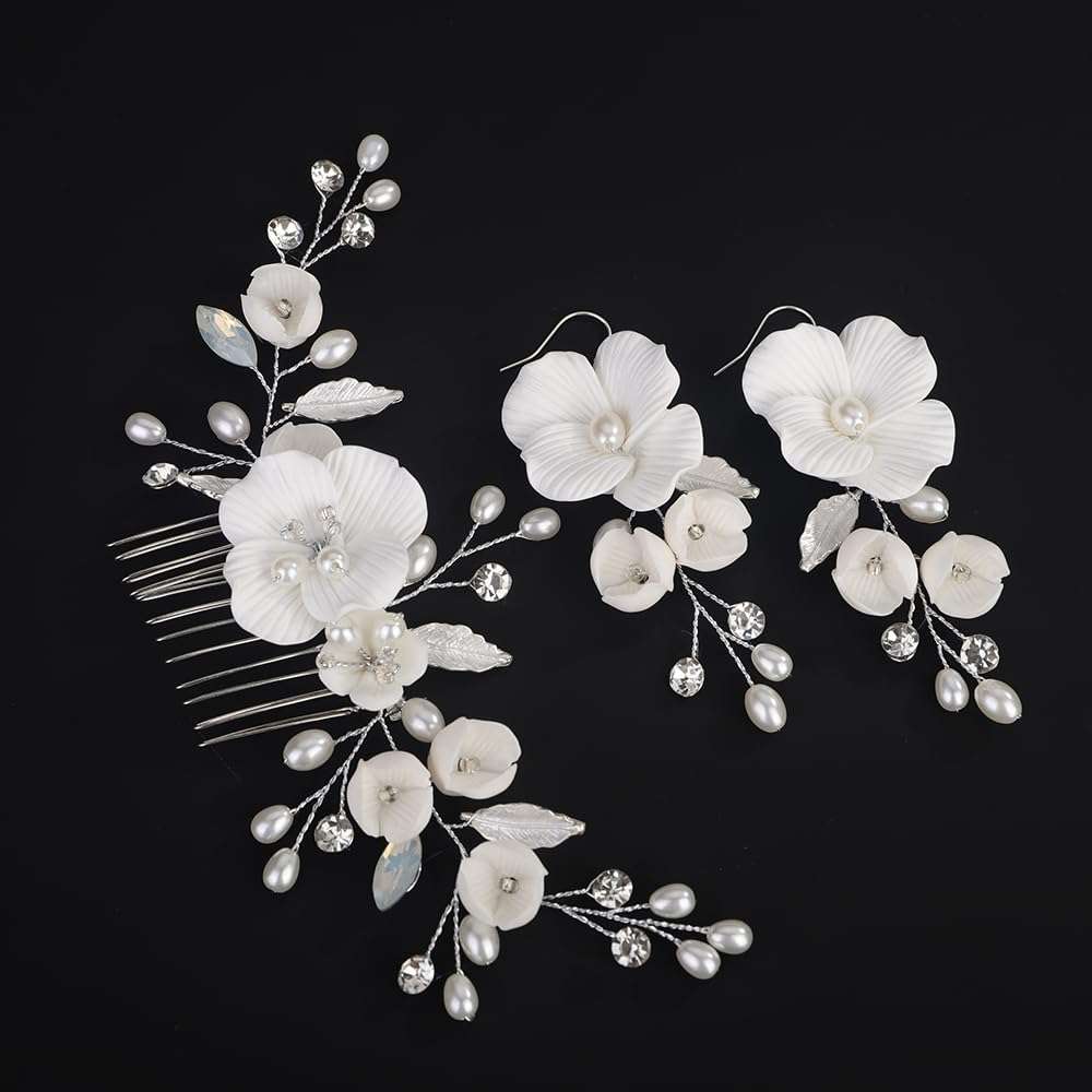 Rumtock White Flower Silver Hair Comb with Pearl Beads Wedding Bridal Jewelry Set Women Special Occasion Hair Piece (Silver) 3