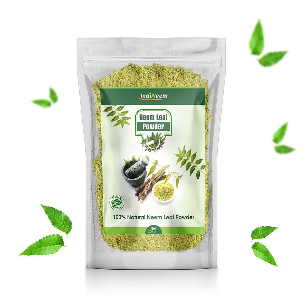 IndiNeem Neem Leaf Powder for Skin, Hair, Acne, Dandruff and Hair Growth | Natural Organic Neem Leaf/Leaves Powder | For smooth, strong and Shiny Hair | Helps to treat Acne, Blemishes | Skin Nourishing Properties | 100 grams Pack 1