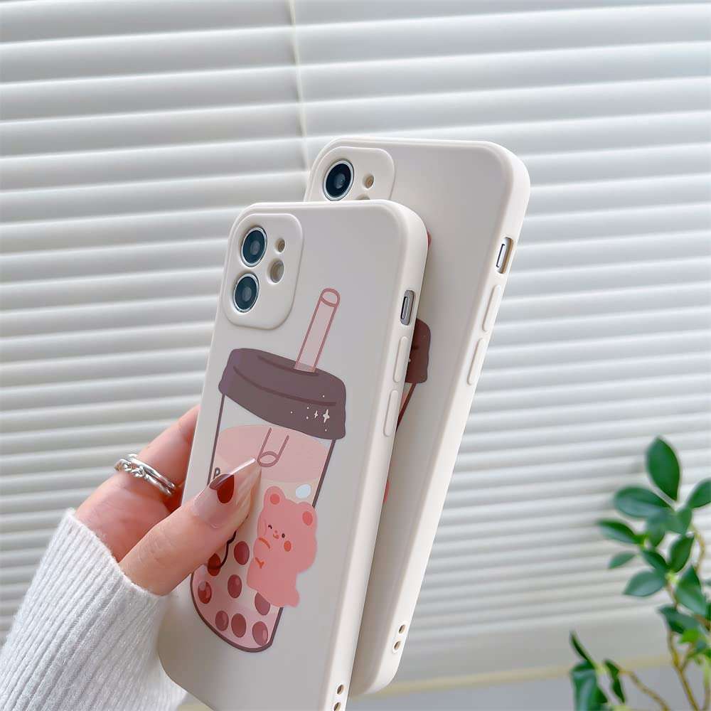 Cute Bear Milk Tea Drink Phone Case for iPhone 12 6.1 inch with Side Printing Special Slim Smooth Cover for iPhone 12 5
