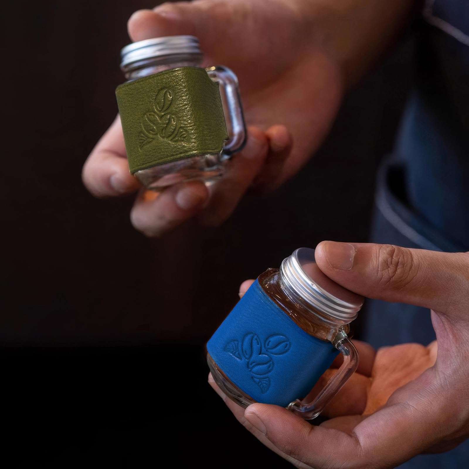 1PC 1.7oz 50ml Mini Glass Handle Mug Genuine Leather Sleeve Mini Espresso Dispenser Bottles Small Glass Mug Mini Sealed Jar (BULE) 5