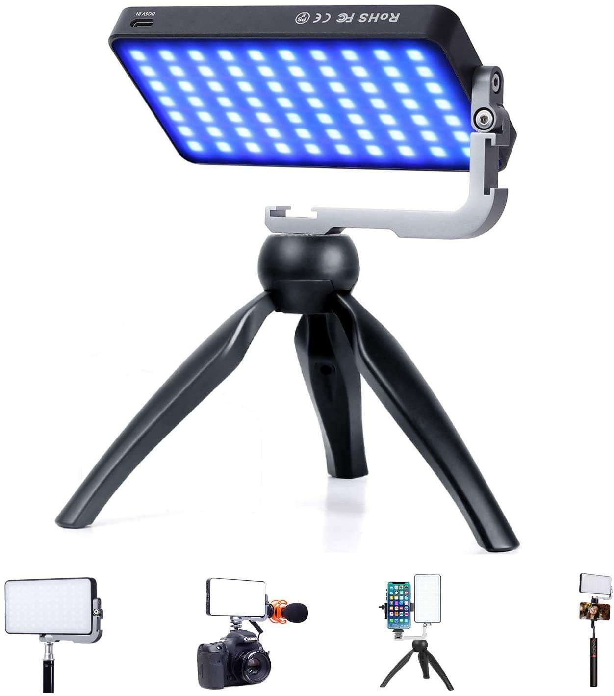 IVISII G2 Pocket RGB Camera Light,32Wh Built-in 4300mAh Rechargeable Battery 360°Full Color Gamut 9 Light Effects,2600-10000K LED Video Light Panel with Aluminum Alloy Body, Adjustable Tripod Stand 1