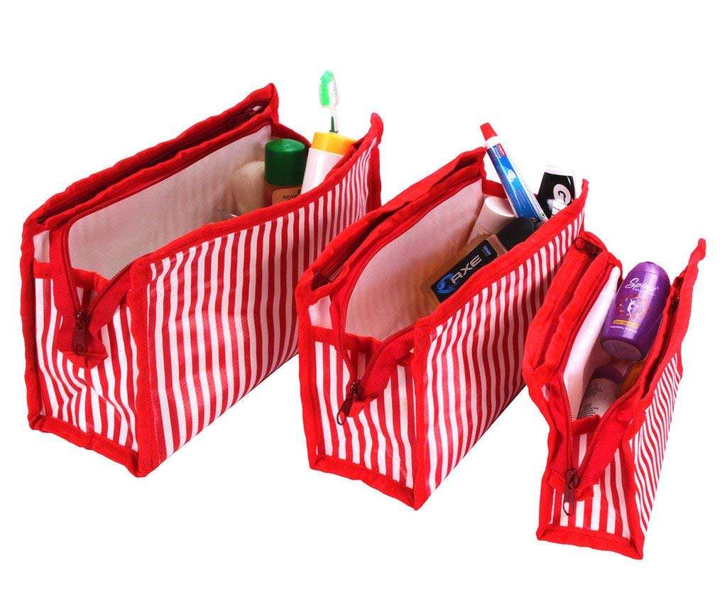 VIHAAN™ Multipurpose Makeup Cosmetic Shaving Toiletry Travel Kit Pouch Bag for Men and Women (red Stripes-Pack of 3) 4