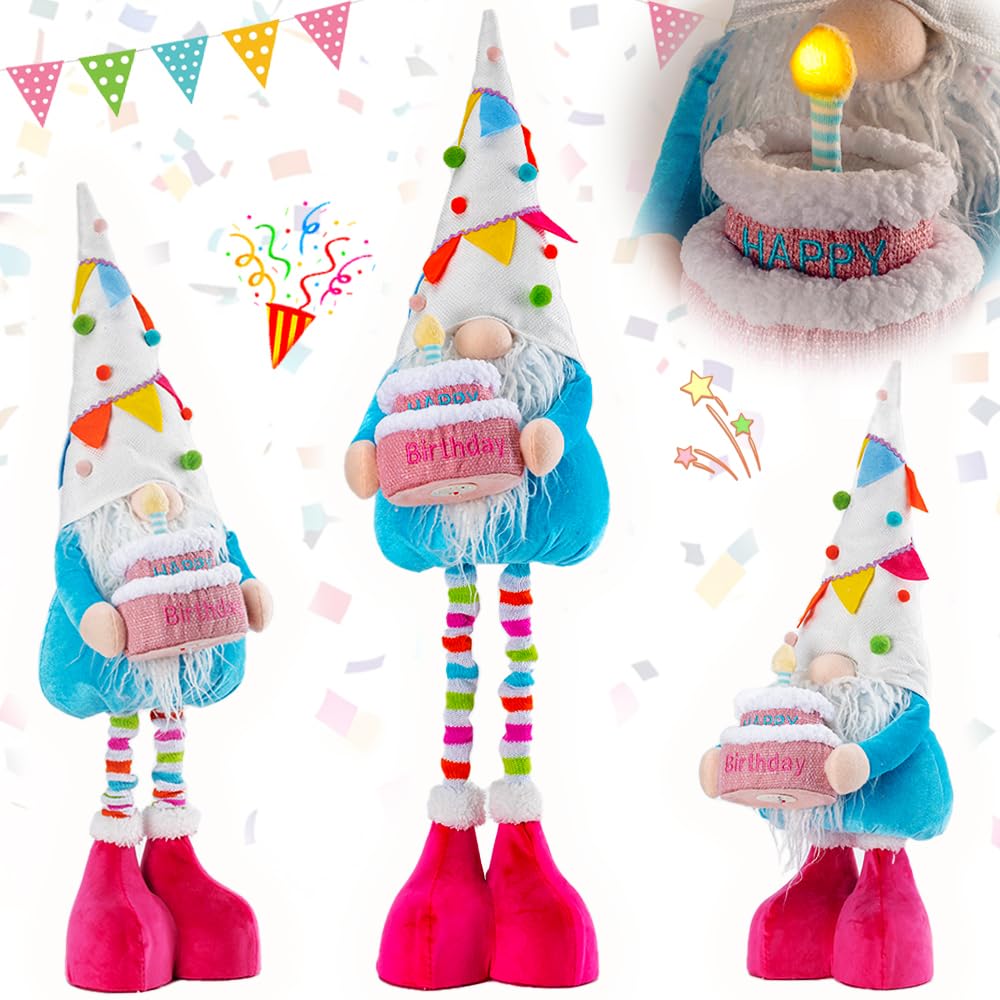 unanscre Large Birthday Gnome Plush Elf Decoration - 26’’-35’’ Standing Happy Birthday Gnome w/Retractable Spring Legs Handmade Rainbow Pennant Hat Hold LED Light Cake, Gnome Gifts for Women Mother