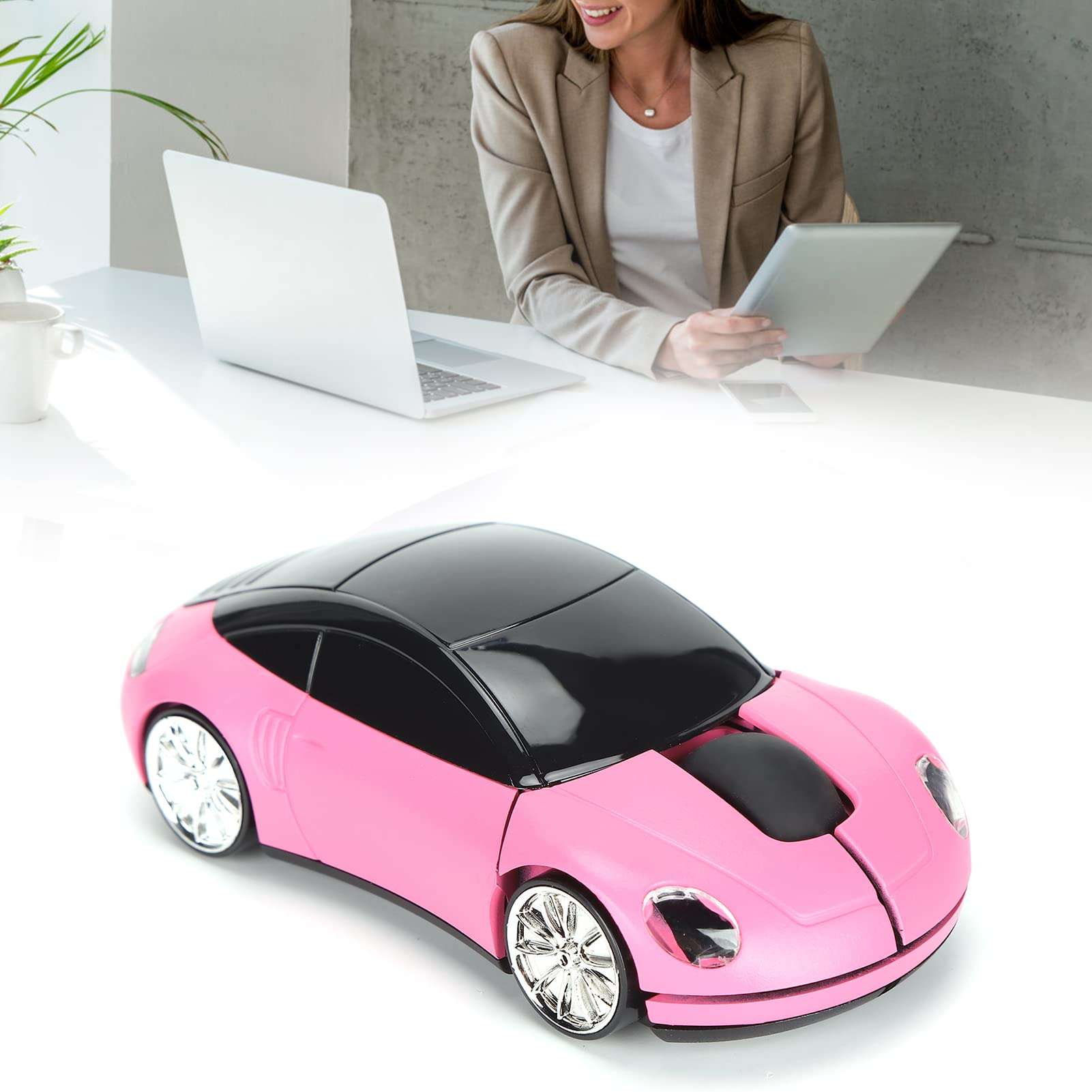 Laptop Mouse, Wireless Mouse Mini Car Shape Professional Optical Positioning with USB Receiver for Laptop for Computers for Office(Pink) 3
