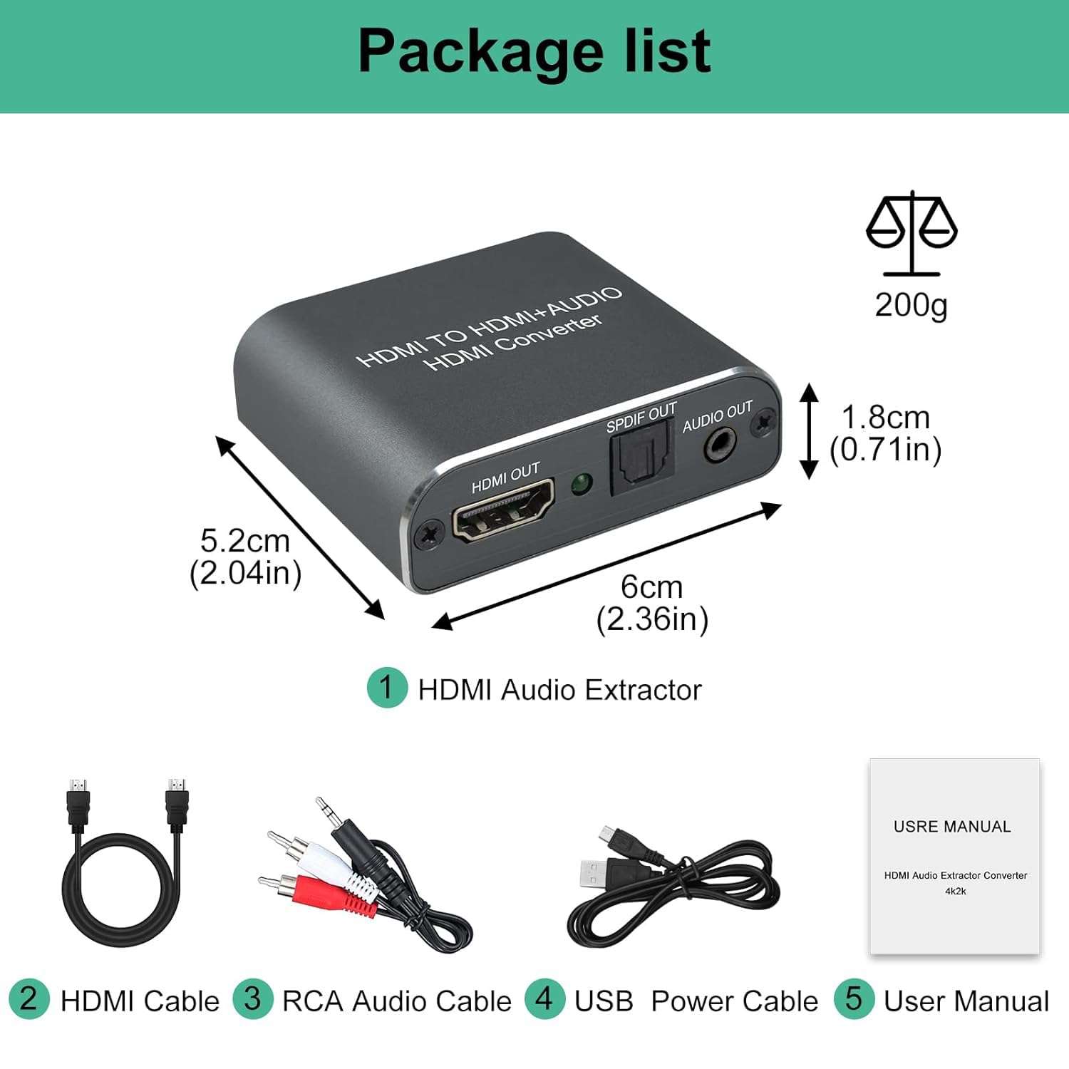 HDMI Audio Extractor Converter to HDMI Optical SPDIF RCA L/R Stereo Analog Outputs Video Audio Splitter Support HDCP Digital DTS 5.1 PCM(NOT Support ARC) 4