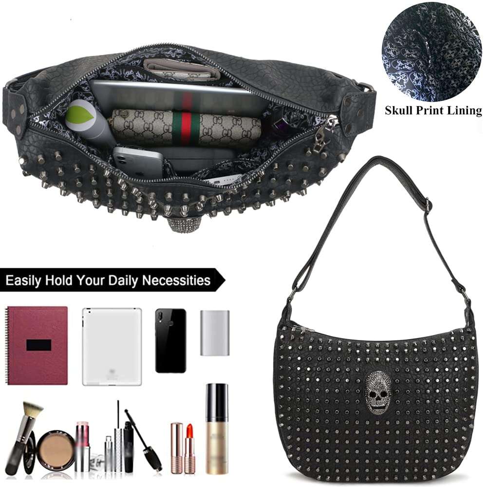 Vintage Handbags for Women Leather Hobo Bags Skull Rivet Purse Shoulder Bag Satchel Messenger Bag Crossbody Bag-Black 4