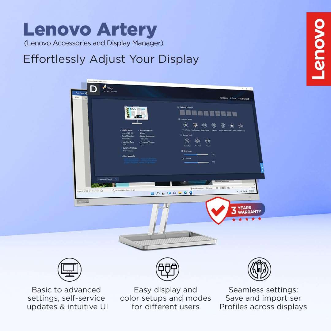 Lenovo L-Series 24 inch (60.4cm) FHD IPS Monitor| 100Hz, 1ms, FreeSync, 3Wx2 Speakers, 4xUSB-A, 1xUSB-C, 1x HDMI, PD-45W, Tilt, Swivel,Pivot Height Adjust Stand: for Home & Office use, Grey, L24m-4A 4