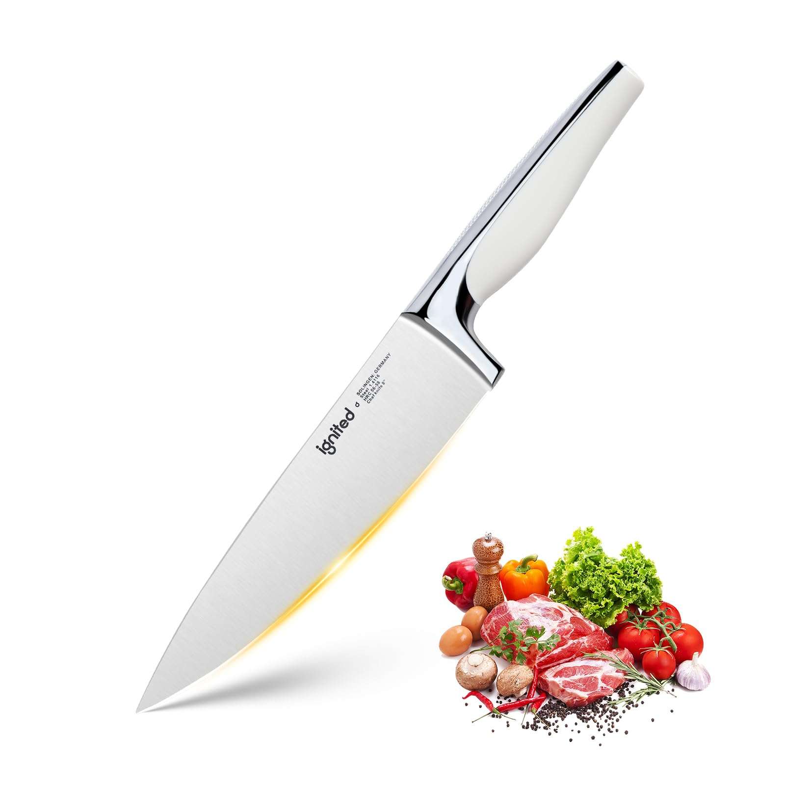 IGNITED CUTLERY 8 inch Mirror Polished Chef Knife, German 1.4116 High Carbon Stainless Steel Chefs Knife with White ABS & Stainless Steel Handle, Razor Sharp Kitchen Knife for Home & Restaurant 1