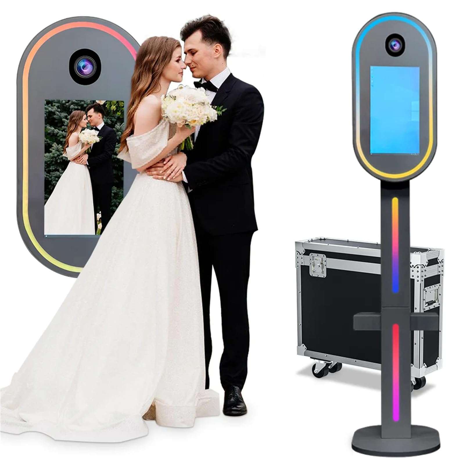 FXNFXLA Mirror Photo Booth for Camera, DSLR Selfie Station Photobooth Shell Stand Machine with 15.6" Touch Screen, RGB Light and Flight Case, for Events Rental 1