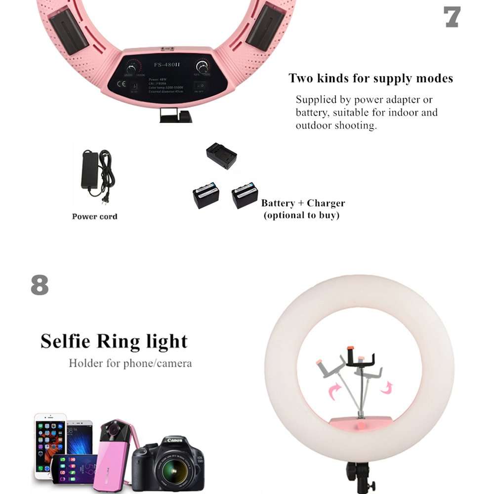 Yidoblo 18" LED Ring Light Kit Bi-Color Dimmable Photo Studio Video Portrait Film Selfie YouTube Photography Lighting Set with Phone/Camera Holder, Makeup Mirror, Stand and Travel Bag Pink 5