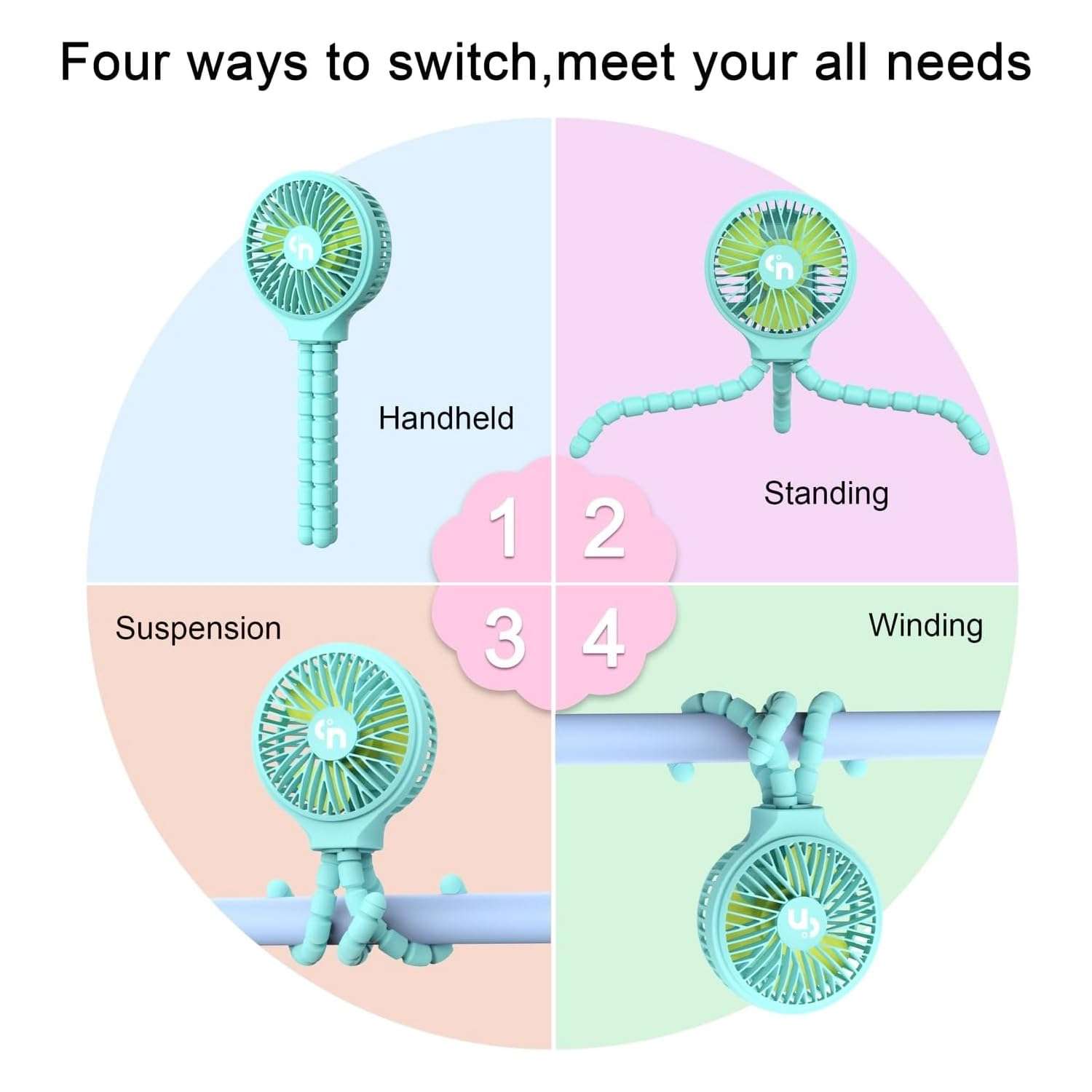 WEGA Stroller Fan Rechargeable Portable Fan Battery Operated Car Seat Baby,3 Speeds Clip on USB Personal Fan for Crib Treadmill HomeOffice and Travel (Blue) 4