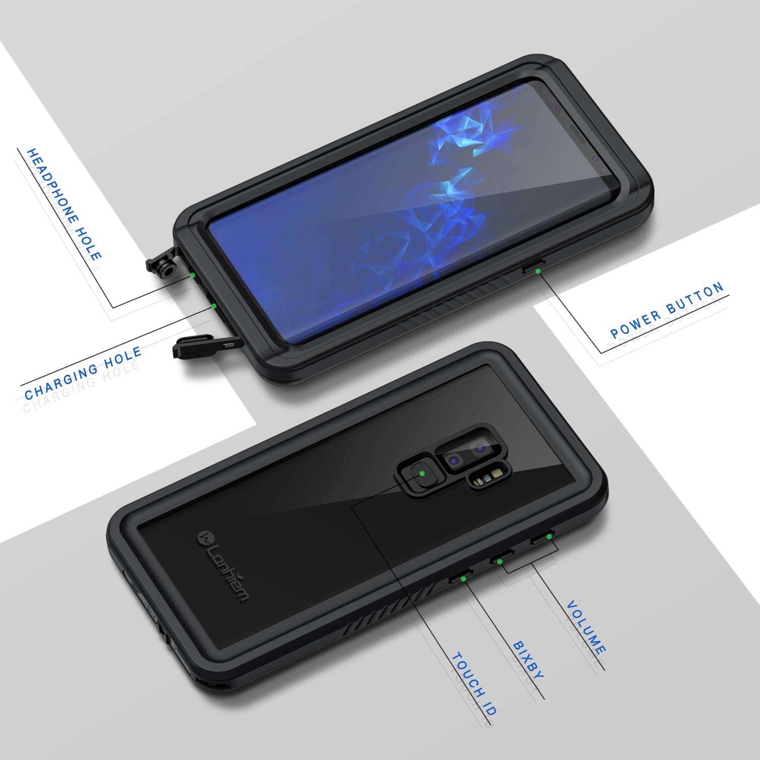 Lanhiem for Samsung Galaxy S9+ Plus Case, IP68 Waterproof Dustproof Case with Built-in Screen Protector, Rugged Full Body Shockproof Protective Phone Cover for Samsung S9 Plus (Black) 5