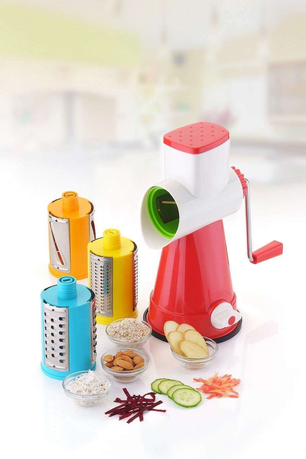 RASODA IMPEX 4 in 1 Drum Grater Shredder Slicer for Vegetable, Fruits, Chocolate, Dry Fruits, Salad Maker with 4 Different Attractive Drums | Plastic and S.S. Material | Portable Design. 4