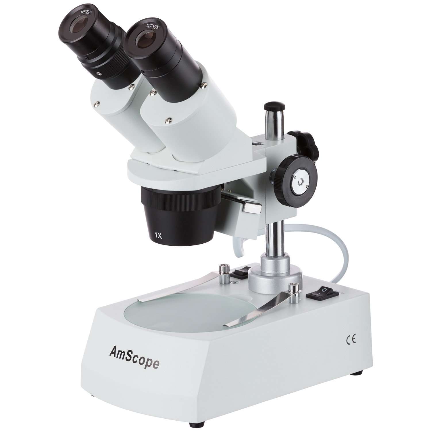 AmScope SE305R-PX-LED Forward-Mounted Binocular Stereo Microscope, WF5x and WF10x Eyepieces, 5X/10X/15X/30X Magnification, 1X and 3X Objectives, Upper and Lower LED Lighting, Reversible Black/White Stage Plate, Pillar Stand, 120V or Battery-Powered 2