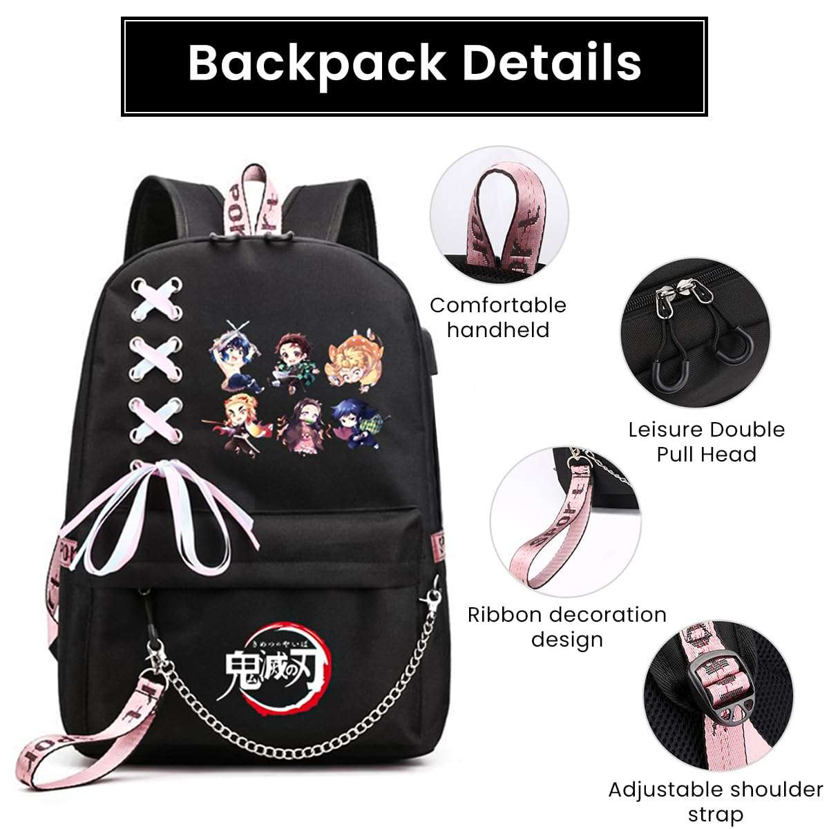 PALAY® Anime Backpack with USB Charging Port and Headphone Jack, Demon Slayer Girls Large Travel Backpack 14 Inches Laptop Bag Cartoon Anime Print Backpack School Gift for Kids (Black) 5