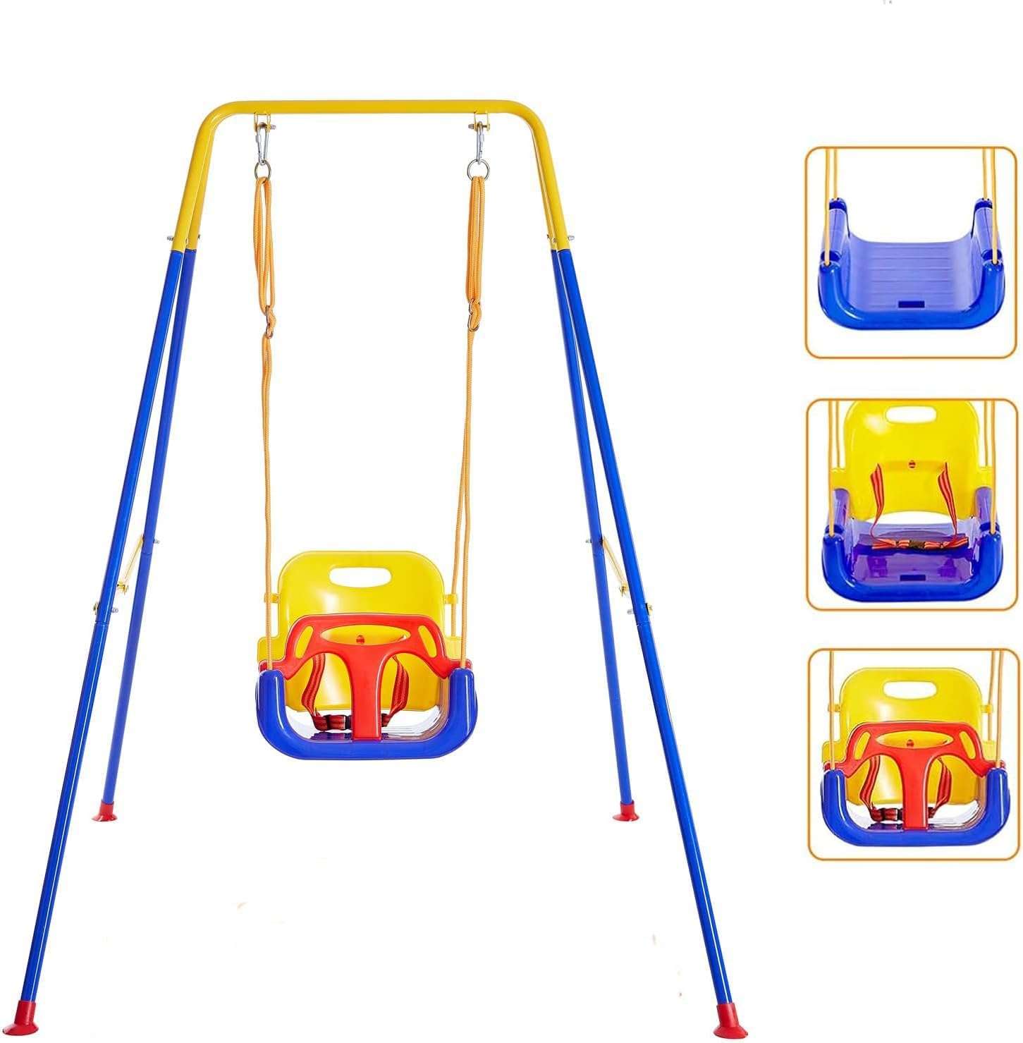 JUMIX Toddler Swing Set with Frame Indoor & Outdoor Baby Swing with Foldable Metal Stand Kids Swing Set for Backyard, Easy to Assemble & Store, Blue 1