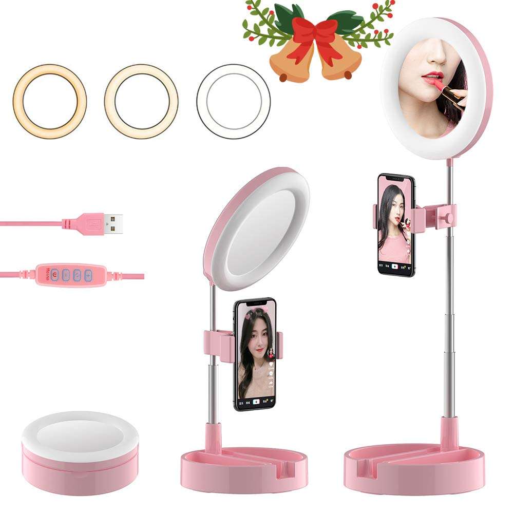 NeotrixQI Selfie Ring Light with Phone Holder, Foldable LED Desk Lamp Dimmable Phone Make Up Ringlight Stand Extendable Makeup Mirror TIK Tok YouTube Video Vlog Recording Photography Tiktok Live Stream (Pink) (G3) 1