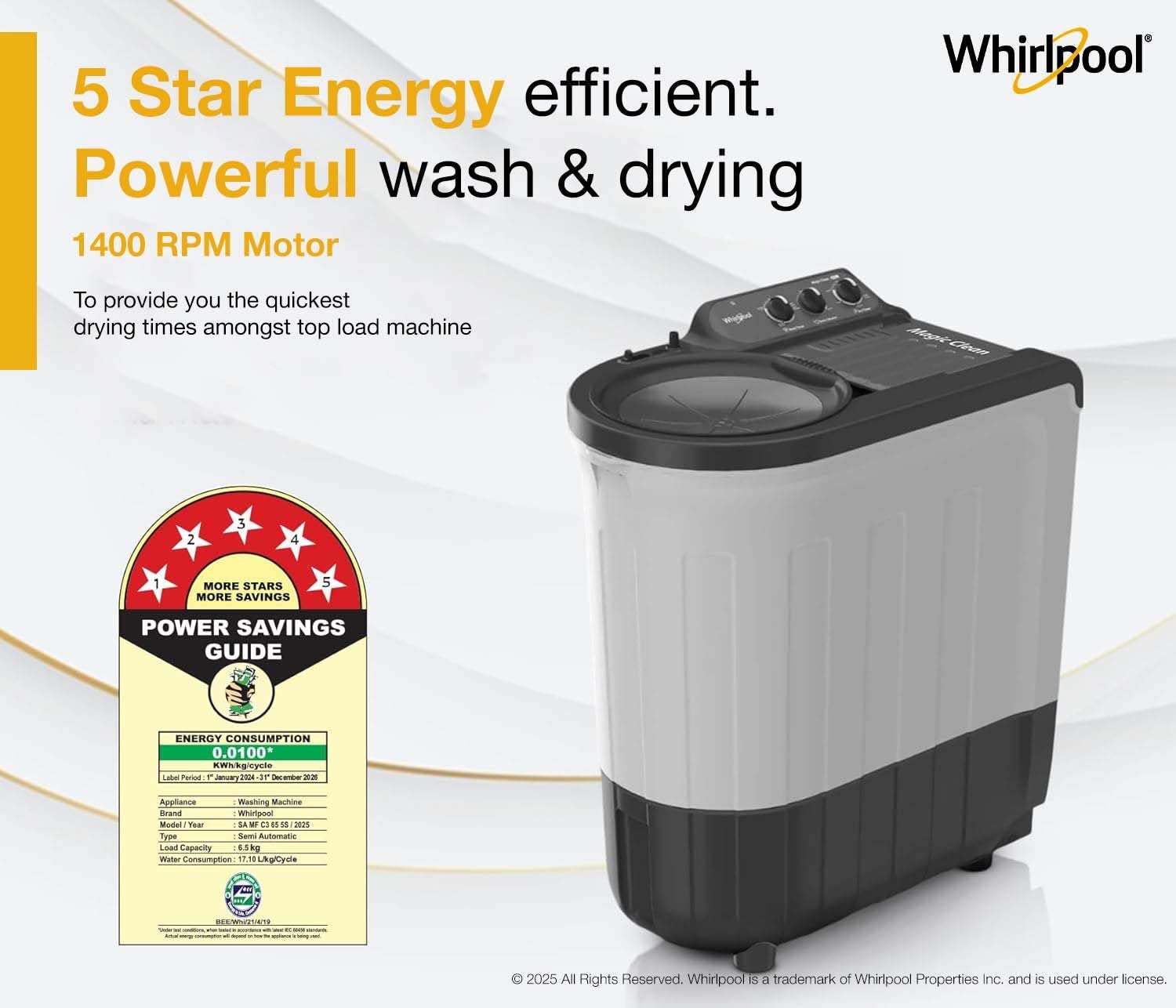 Whirlpool 6.5 Kg 5 Star Magic Clean Semi-Automatic Top Loading Washing Machine (MAGIC CLEAN 6.5 GREY, 4 Year Comprehensive Warranty, 1400 RPM Motor, 5 Year Motor Warranty) 3