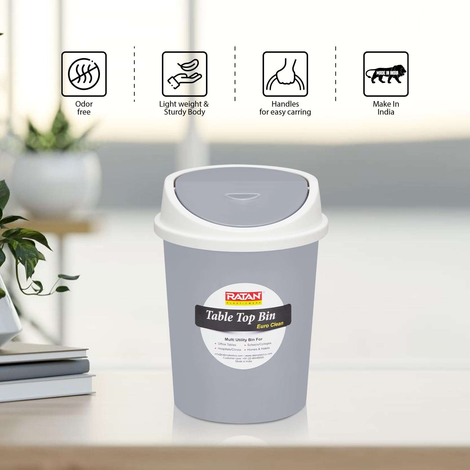 RATAN PLASTICWARE Euro Clean Table Top Small Mini Dustbin with Lid for Study Table, Desk, Kitchen Sink, Car, Kids Room Compact and Stylish Waste Storage Garbage Bin 2 Litre HD Green 4