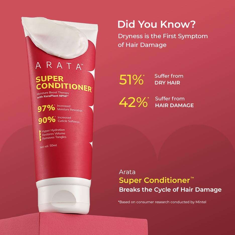 Arata Super Conditioner For Frizzy Hair | Increases Hydration by 97%,Softness by 90% | With Keratin & Rice Water for Smooth, Shiny Hair | Hair Conditioner for Women & Men | For All Hair Types | 50ML 4