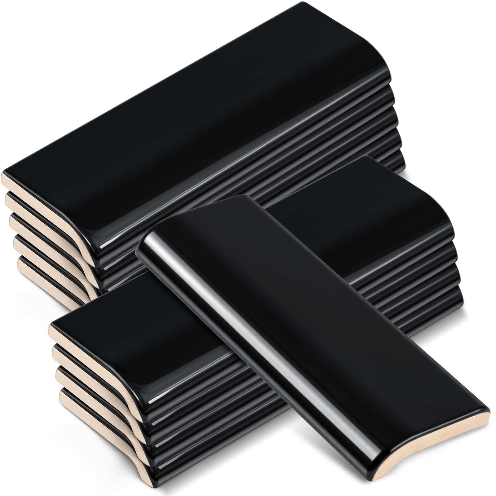 Maasechs 10 Pcs 2 x 6 in Ceramic Tile Bull Nose Trim Edge Glossy Subway Wall Trim Tile for Finishing in Bathroom Kitchen Backsplash and Shower Walls (Single-Sided Arc,Black)