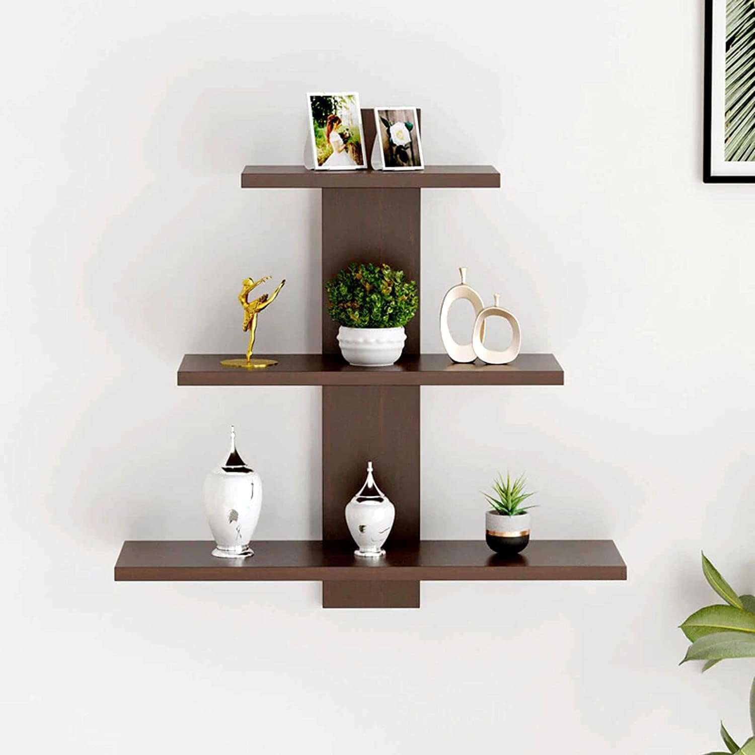 Kuber Industries Wooden Wall Shelf|Multipurpose Tree Shape Display Rack|Engineered Wood Mount 3 Tier Shelves for Office & Home D�cor (Brown) (Pack of 2) 5