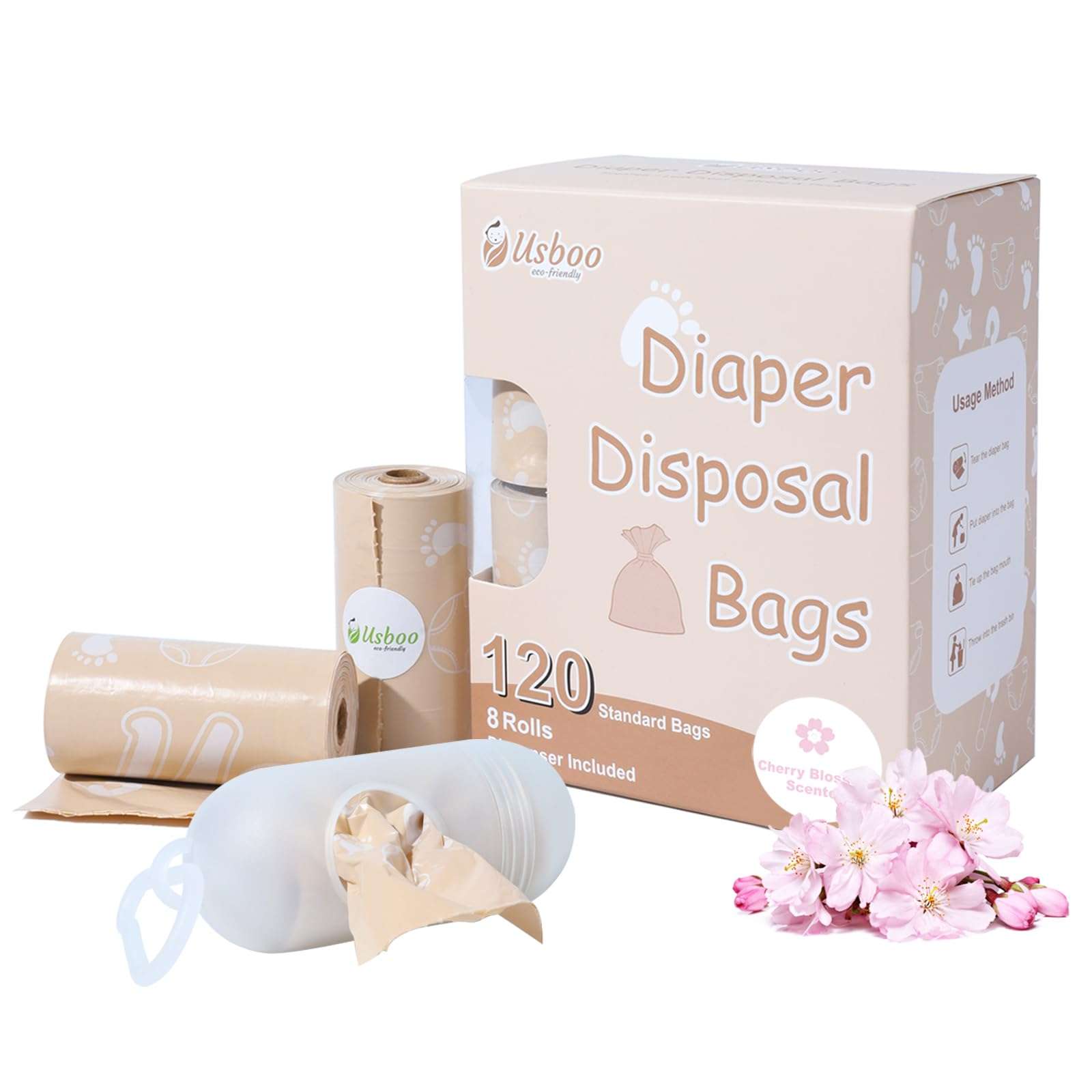 USBOO Diaper Bags Disposable for Baby, Biodegradeable Dirty Diaper Bags (8 Refill Rolls/120 Bags) with Dispenser, Leak Proof Diaper Trash Bags, Baby Poop Bags, Cherry Blossom Scent 1