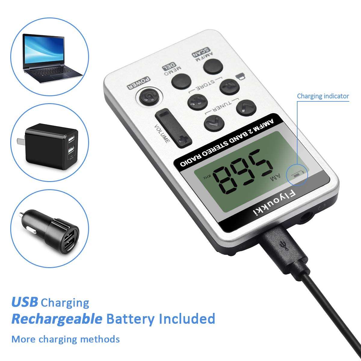 Pocket Small Radio by Flyoukki, Personal Mini AM FM Portable Digital Tuning Transistor Radios with Best Reception, Earphones, Lanyard and Rechargeable Battery for Walking Jogging Exercising (Silver) 4