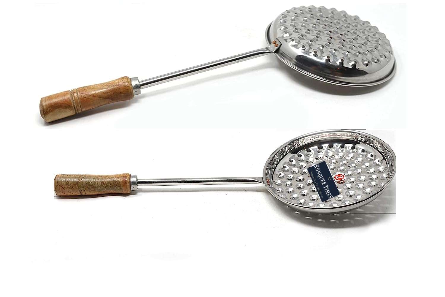 Konquer TimeS Boondi Maker Stainless Steel | Multipurpose Jhara for Boondi Raita and Laddu Sweets with Wooden Handle | Big Jalli Karandi 1