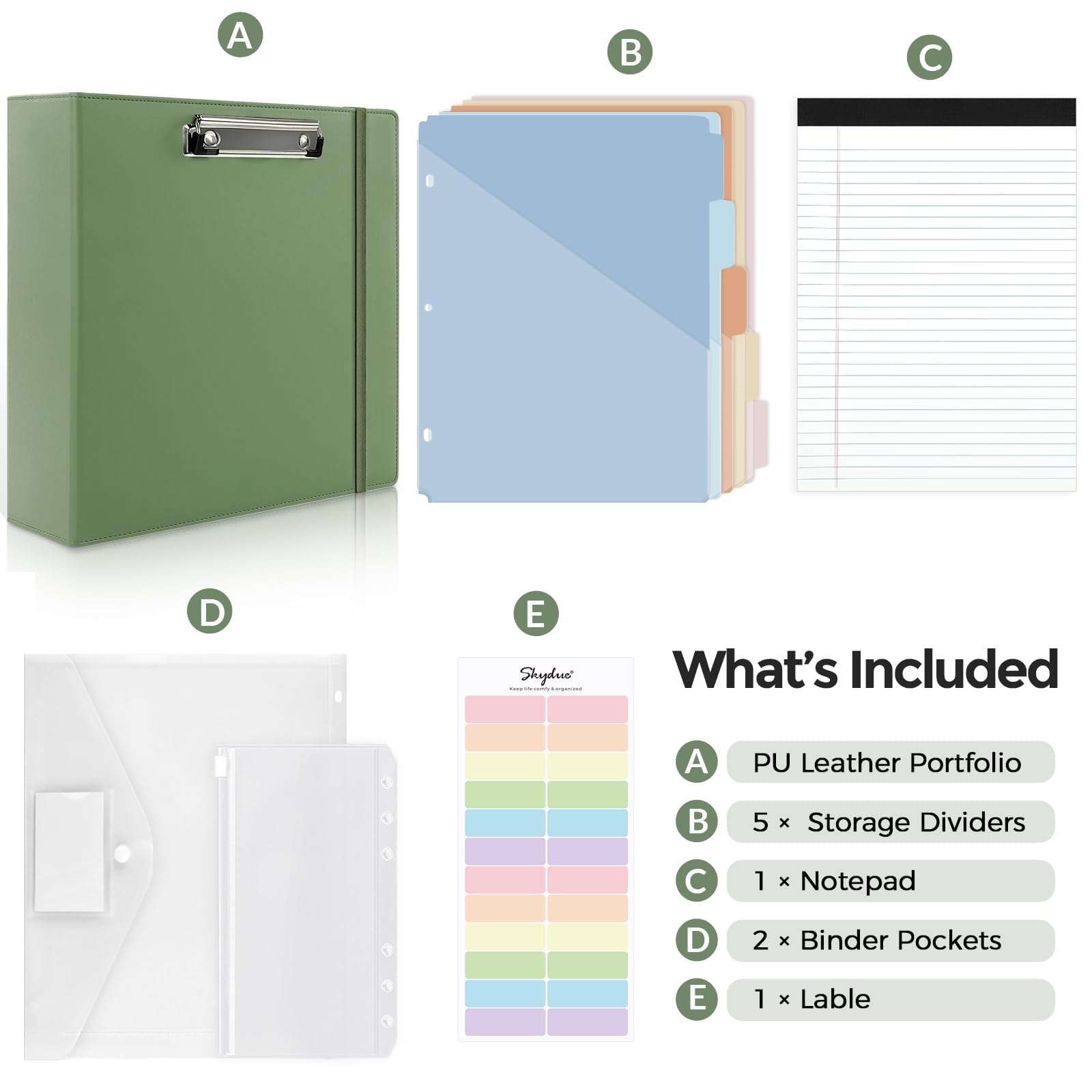 SKYDUE 3 Ring Binder 3 Inch D Ringr with Clipboard, PU Heavy Duty Clipboard Binder with Notepad & 5 Dividers with 5 Pockets, Labels, Clipboard Folder Great for School Office 4