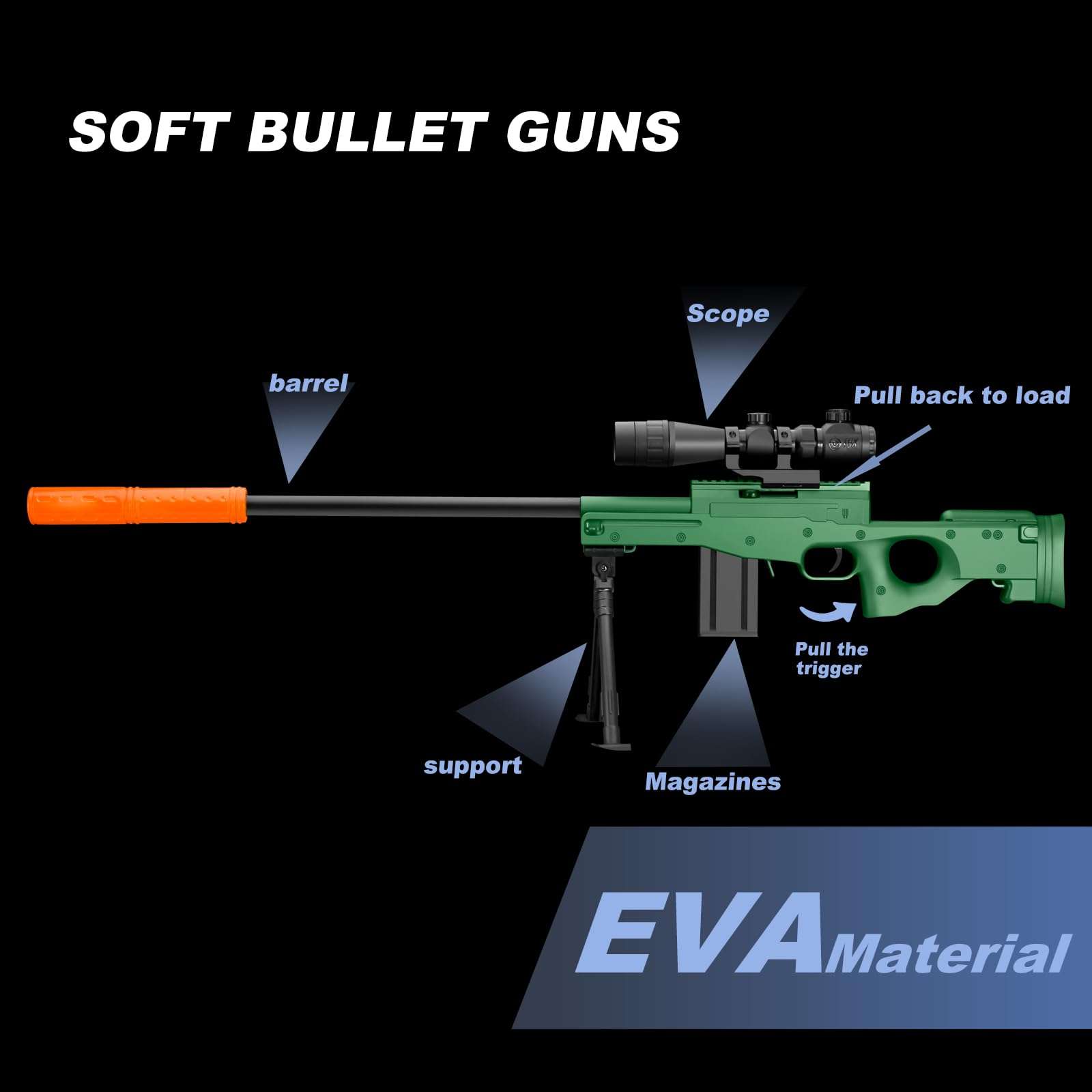 Kyliandi Soft Bullet Toy Gun Sniper Rifle with Scope Realistic Barrel Shell ejecting Foam Blaster Gun Dart Prop Backyard Outdoor Shooting Game for Boys Teens Adults Gifts Age 8-12 14 Years Old (Green) 4