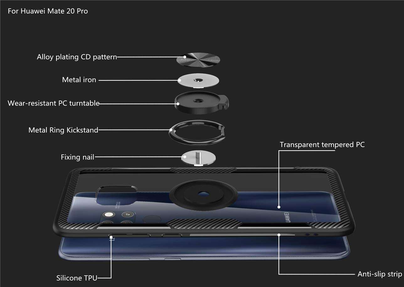 Huawei Mate 20 Pro Case,360° Rotating Ring Kickstand Protective Case,TPU+PC Shock Absorption Double Protection Cover Compatible with [Magnetic Car Mount] for Huawei Mate 20 Pro Case (Blue/black) 3