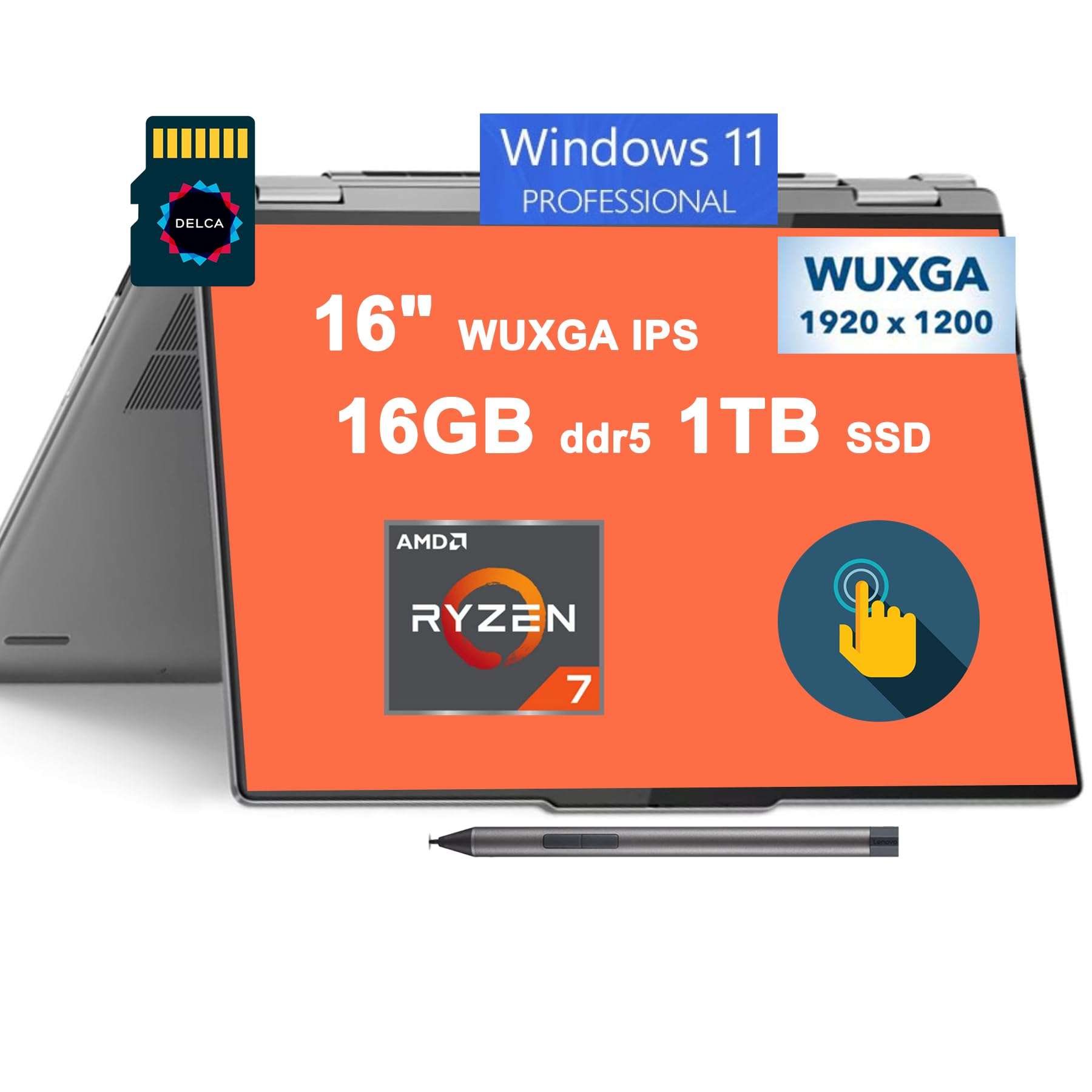 Lenovo Yoga7 16 2-in-1 Laptop | 16" WUXGA IPS Touch | AMD 8-Core Ryzen 7 7735U >i7-1255U | 16GB DDR5 1TB SSD | Radeon 680M Graphic | Backlit Fingerprint USB-C Pen Win11Pro Silver + 32GB MicroSD Card 1