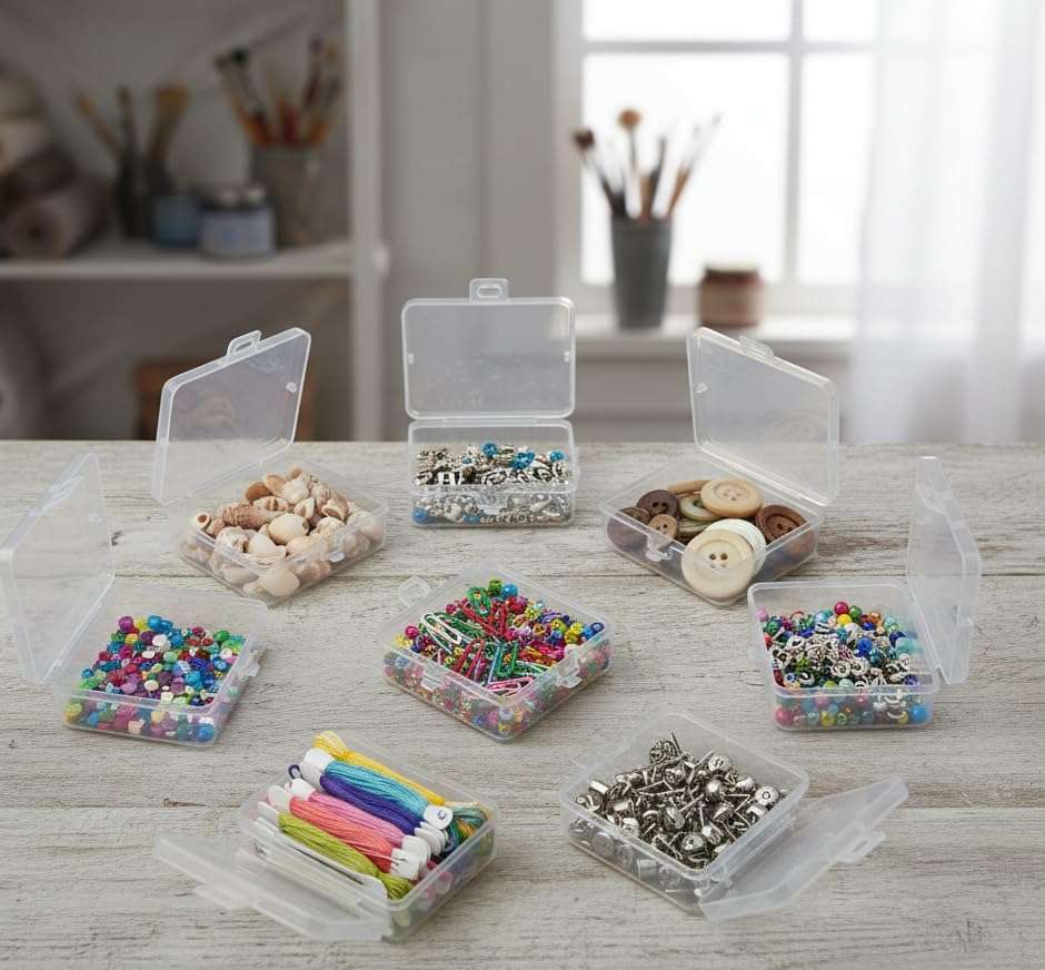 URBAA Plastic Storage Box Set, 50 Pieces, Clear Containers with Locking Lids, 2 Big Containers with 48 Small Boxes for Jewellery, Pins and Beads 4