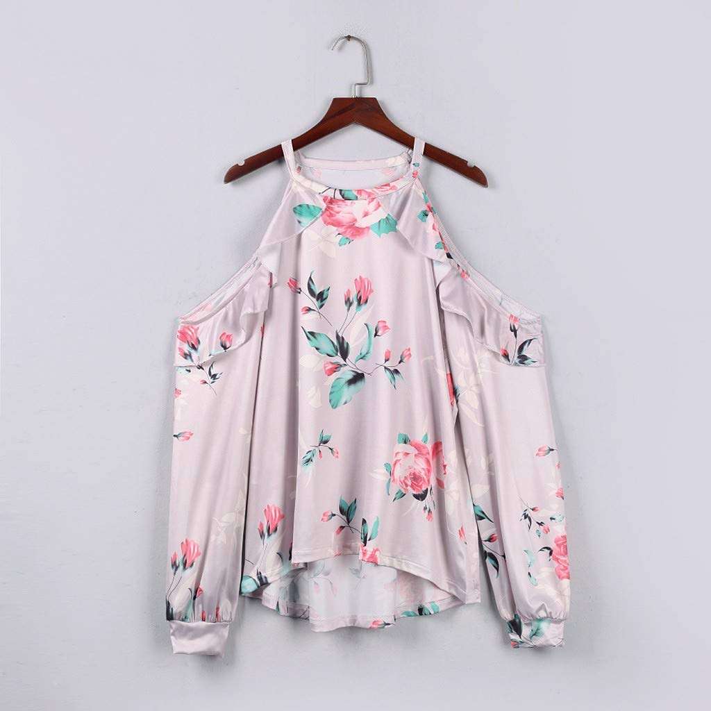 Floral Printed Tops for Women, Ruffle Off Shoulder Long Sleeve o-Neck Tunic Tops Retro t-Shirts Casual Blouses(Pink, L) 6