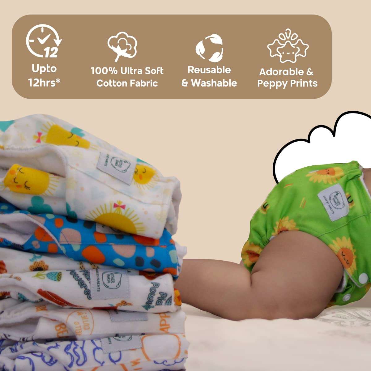 Mother Sparsh Plant Powered Cloth Diaper for Babies-Free Size | Medical Grade Fabric with 100% Organic Cotton | Reusable 13 Layer Breathable Soaker With Built-In Booster Pad | Pack of 2 (B.Hug&H.Cloudy) 6