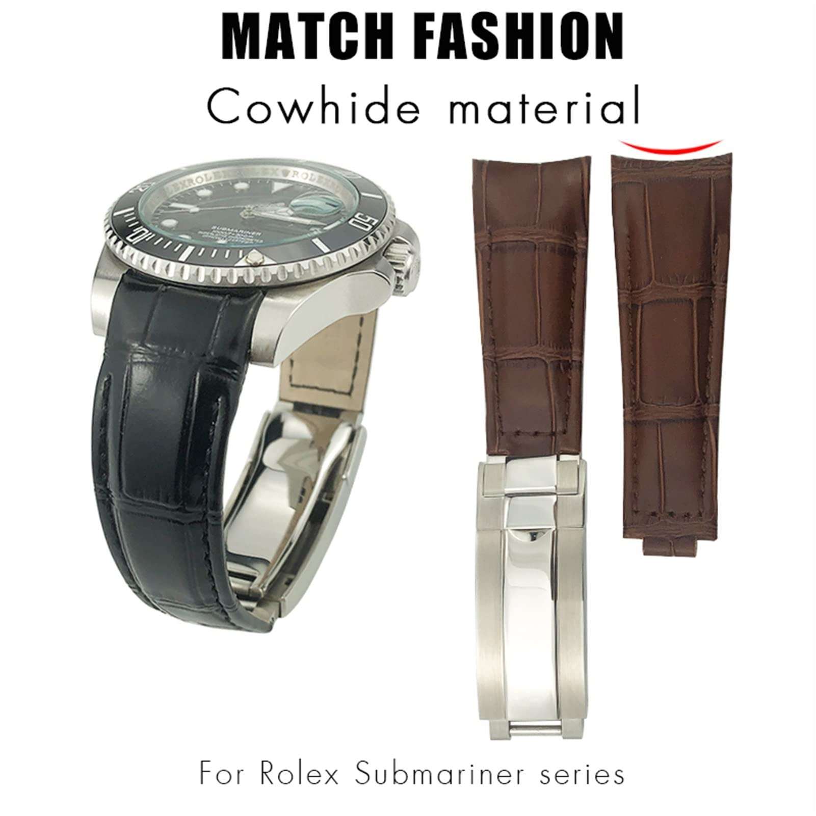 ANKANG Curved End Genuine Leather 20mm Slide Lock Buckle Watchband for Rolex GMT Submariner Hulk Oyster Watch Strap (Color : Black, Size : 20mm RLX) 2