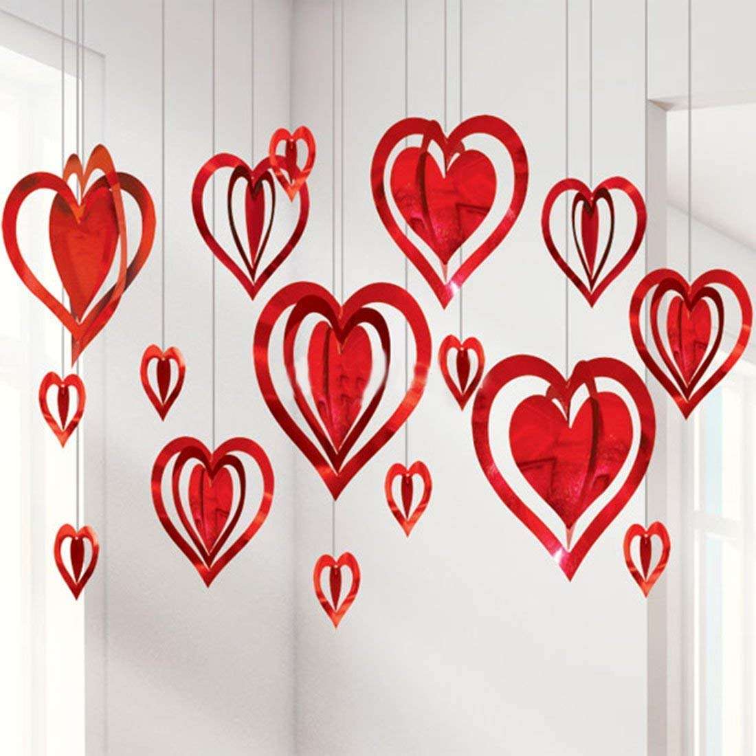 HAVEN'S TREASURE® Valentine 3D Love Heart Shape Hanging Strip Decoration Kit (Pack of 16 Pcs- Multi Size) 1