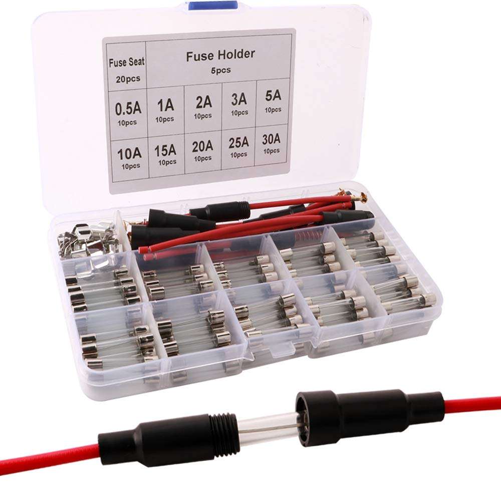 FULARR 125Pcs Professional Car Fast-Blow Glass Tube Fuse Kit: 100Pcs Quick Blow Fuses, 20Pcs Seats, 5Pcs Inline Screw Type Holders, With Transparent Plastic Box