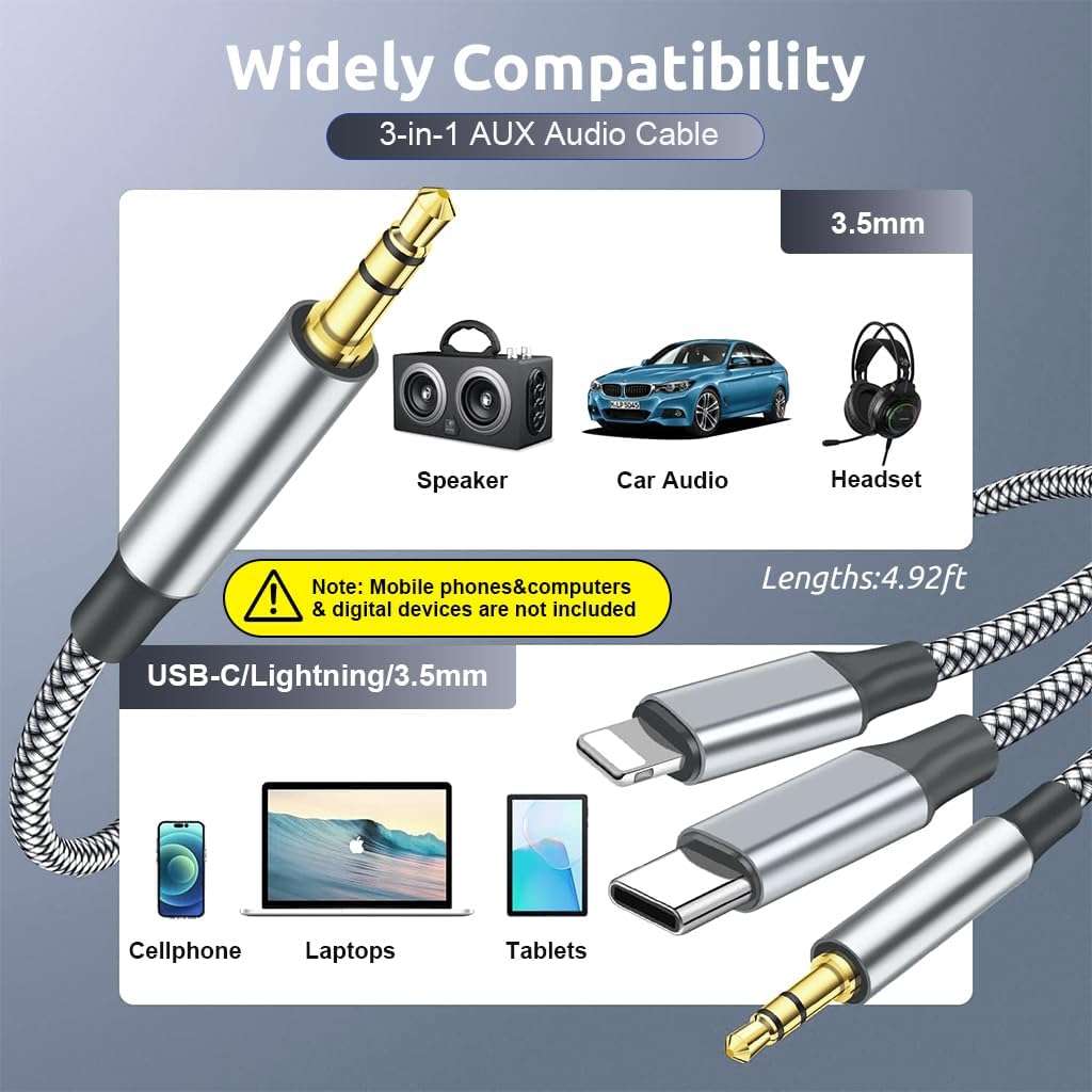 ZEITEL® 3 in 1 Car Aux Cable, USB C to 3.5mm Audio Cord Car Stereo Aux Cable Compatible with Galaxy S23/S22/S21FE/OnePlus/iPhone 14/13/12/XR 6